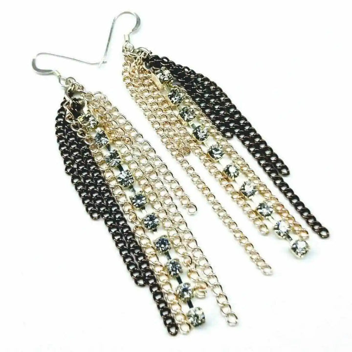 Rhinestone Crystal Chain Fringe Earrings showcasing cascading chains and sparkling rhinestones in light rose and mocha.