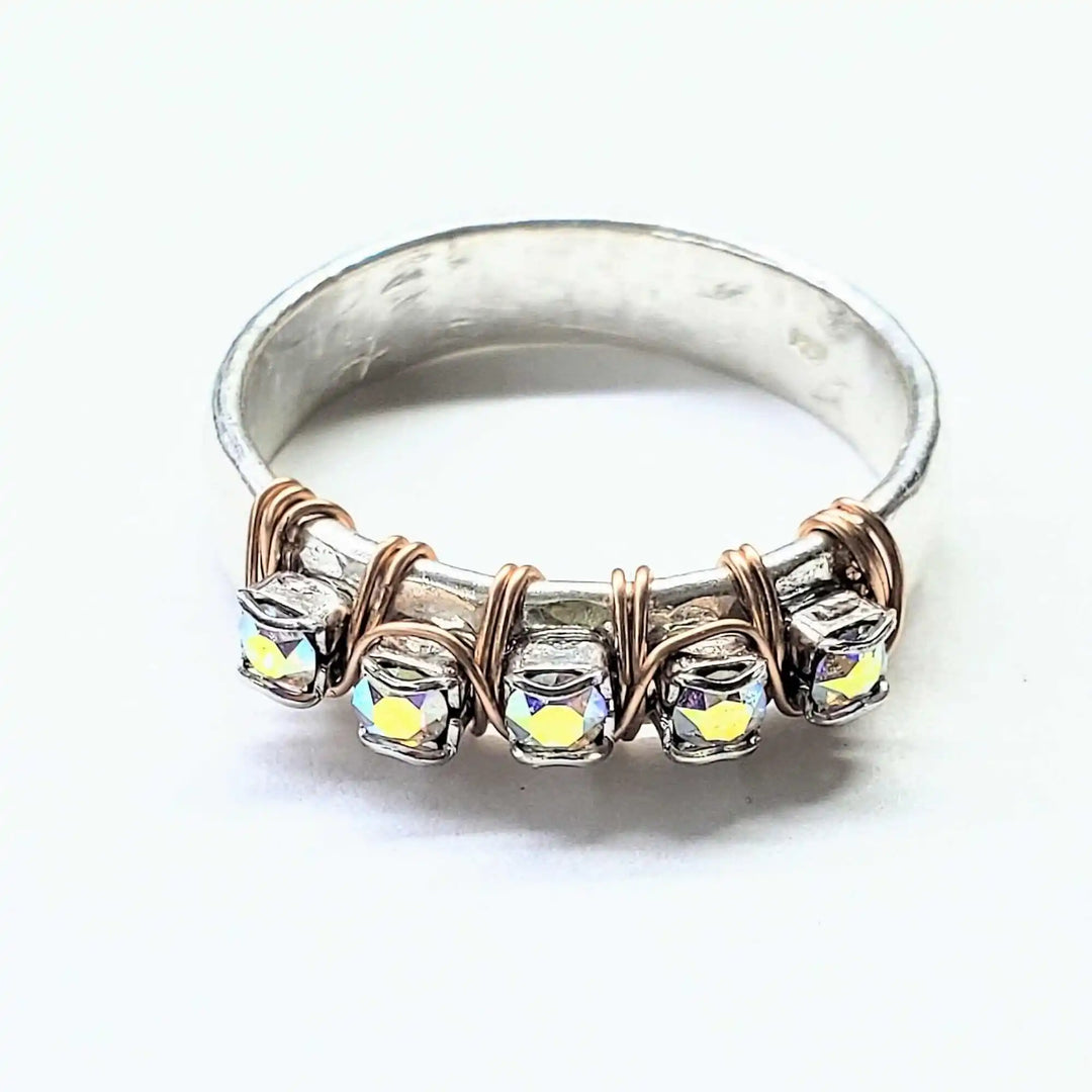 Rose Gold Filled Wire Wrapped Sparkly Crystal Bling Ring showcasing wire-wrapped crystals in a stylish design.