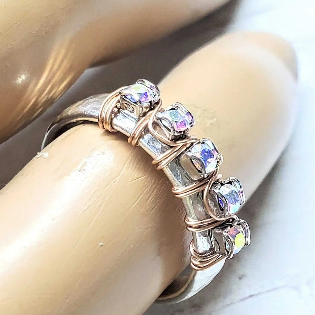 Rose Gold Filled Wire Wrapped Sparkly Crystal Bling Ring showcasing dazzling crystals in a stunning handmade design.
