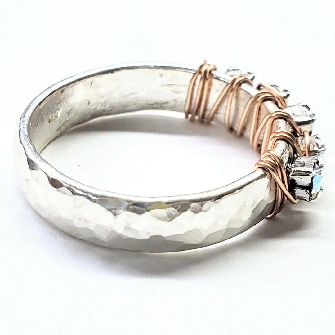 Rose Gold Filled Wire Wrapped Sparkly Crystal Bling Ring showcasing a hammered silver band with sparkling crystals.