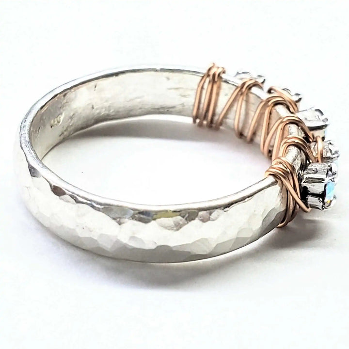Rose Gold Filled Wire Wrapped Sparkly Crystal Bling Ring showcasing a hammered silver band with sparkling crystals.