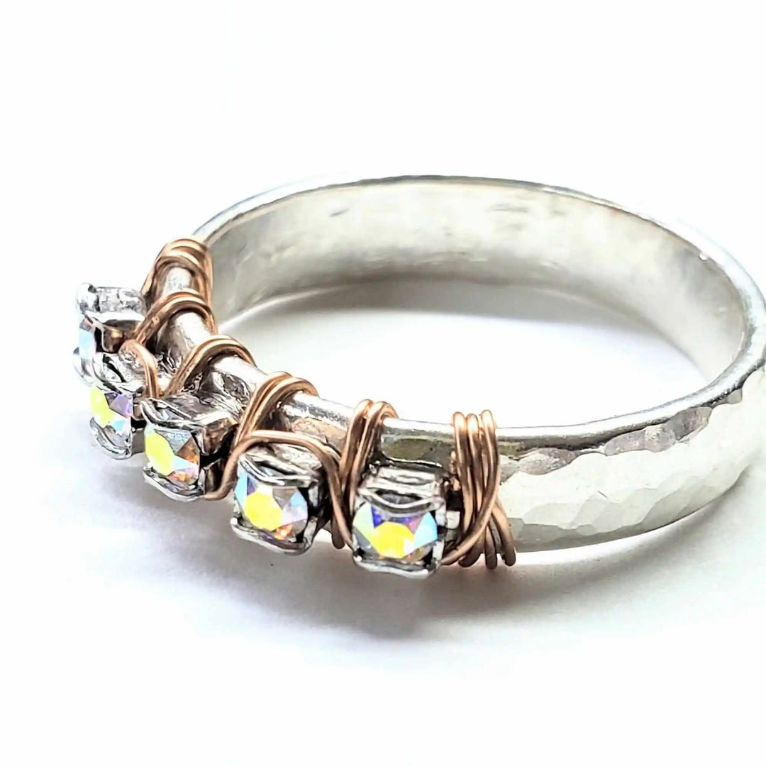 Rose Gold Filled Wire Wrapped Sparkly Crystal Bling Ring showcasing crystal details and wire wrapping design.