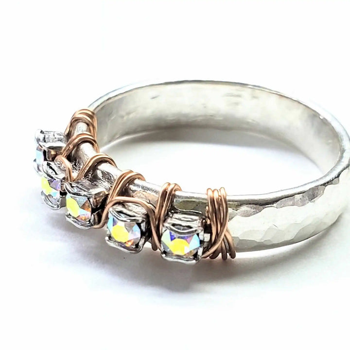 Rose Gold Filled Wire Wrapped Sparkly Crystal Bling Ring showcasing crystal details and wire wrapping design.