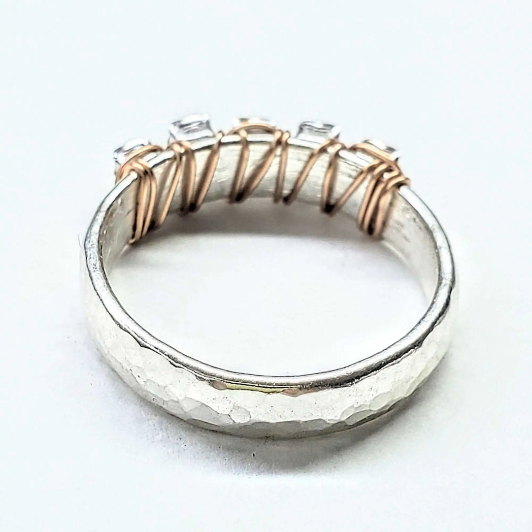 Rose Gold Filled Wire Wrapped Sparkly Crystal Bling Ring showcased from the side, highlighting its unique wire wrapping design.