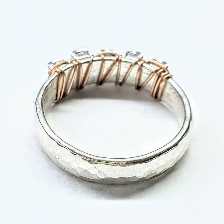 Rose Gold Filled Wire Wrapped Sparkly Crystal Bling Ring showcased from the side, highlighting its unique wire wrapping design.