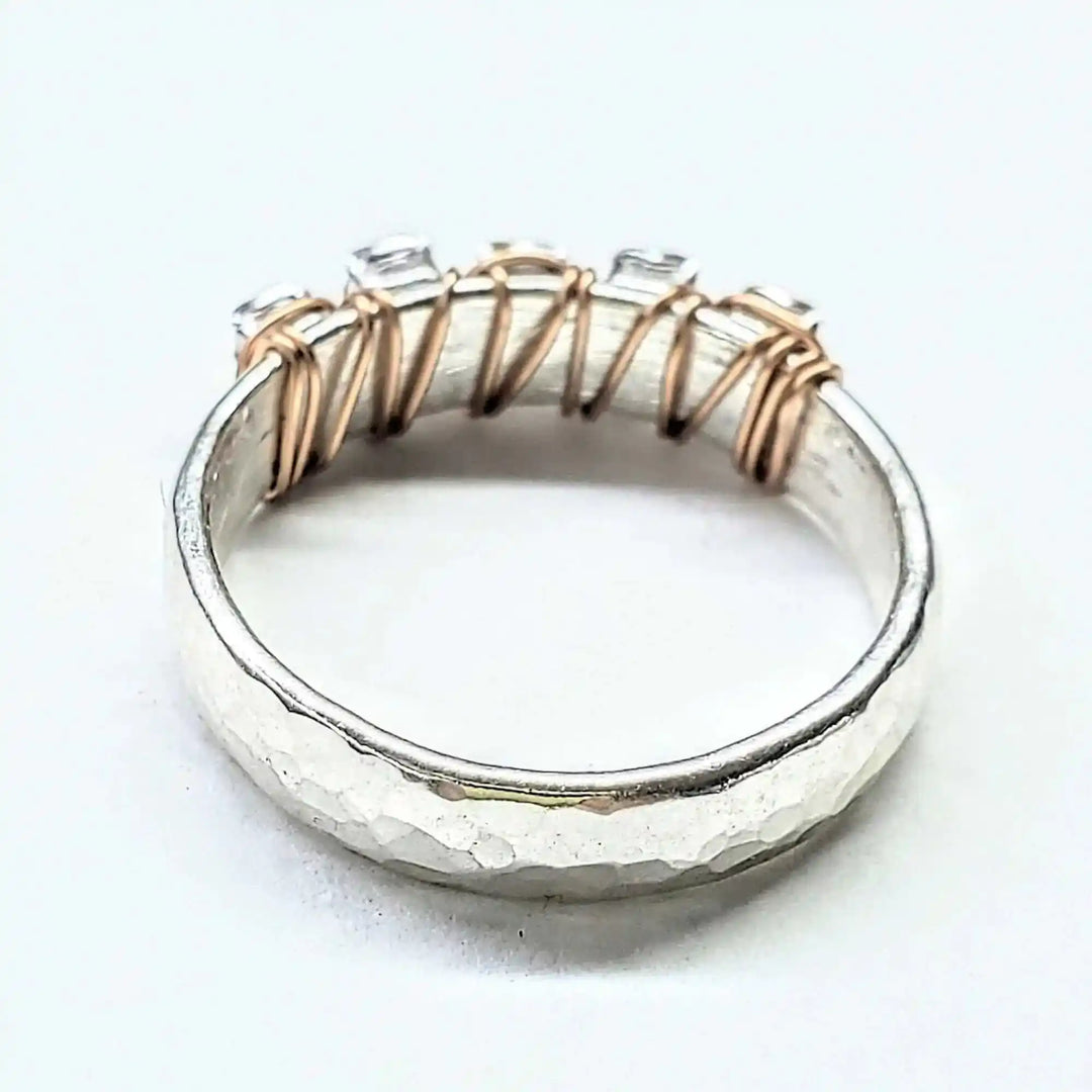 Rose Gold Filled Wire Wrapped Sparkly Crystal Bling Ring showcased from the side, highlighting its unique wire wrapping design.