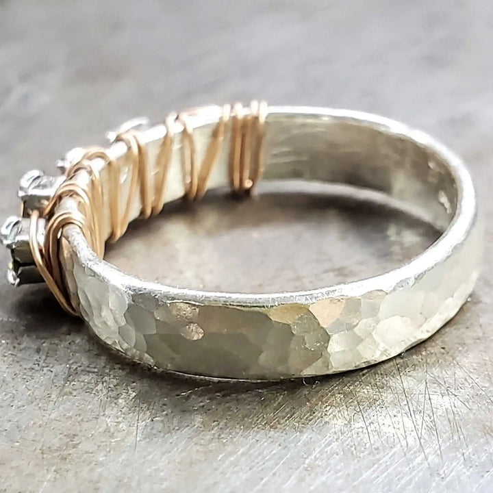Rose Gold Filled Wire Wrapped Sparkly Crystal Bling Ring showcasing a hammered silver band and elegant wire detailing.