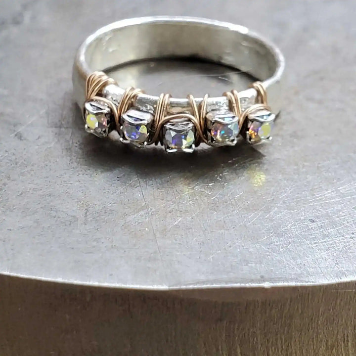 Rose Gold Filled Wire Wrapped Sparkly Crystal Bling Ring showcasing five sparkling crystals in a handmade jewelry design.