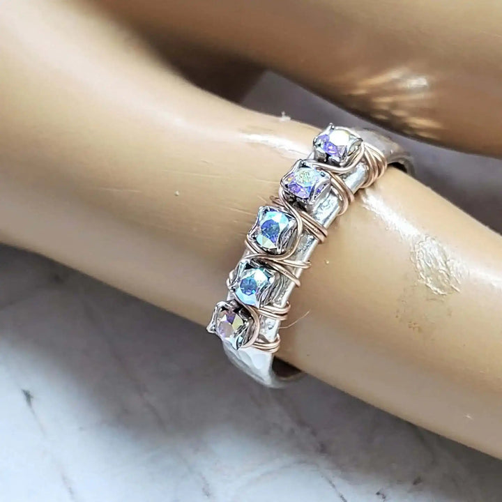 Rose Gold Filled Wire Wrapped Sparkly Crystal Bling Ring displayed on a mannequin hand, showcasing its elegant design.