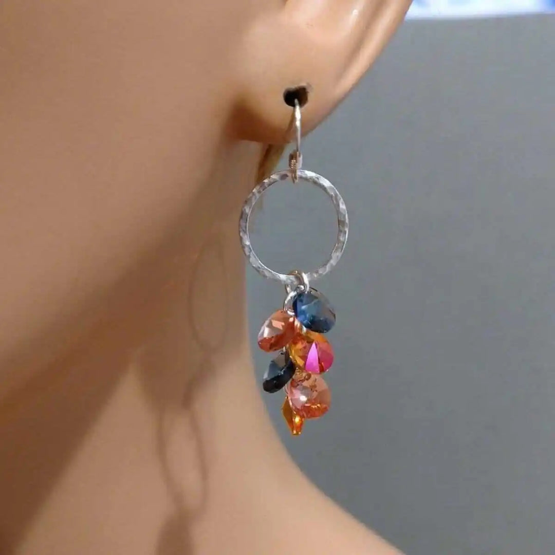 Silver Circle Multi Color Crystal Drop Dangle Earrings showcasing vibrant Swarovski crystals and sterling silver craftsmanship.