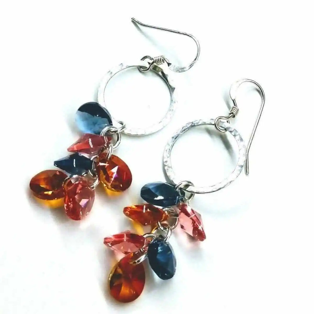 Silver Circle Multi Color Crystal Drop Dangle Earrings featuring vibrant crystals in various colors on sterling silver circles.