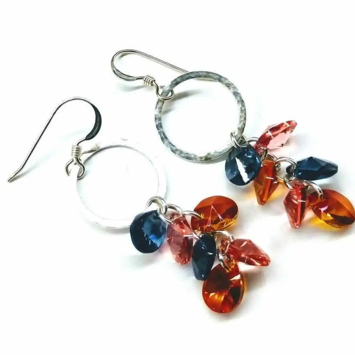Silver Circle Multi Color Crystal Drop Dangle Earrings featuring vibrant Swarovski crystals in various colors.