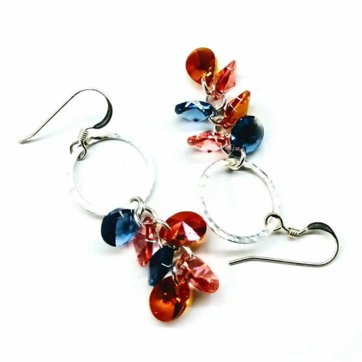 Silver Circle Multi Color Crystal Drop Dangle Earrings featuring colorful Swarovski crystals on sterling silver.