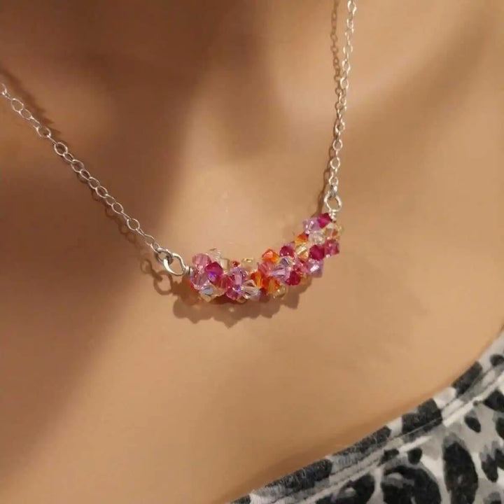Silver Multi Color Spring Blossom Crystal Necklace featuring vibrant Swarovski crystals on a silver chain.