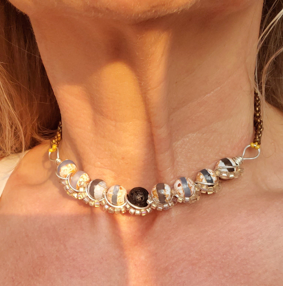 AMD1327Silver Spiral Twist Wrap Gemstone Lava Rock Macrame BlingNecklacesChoker$ 123.00Alexa Martha Designs