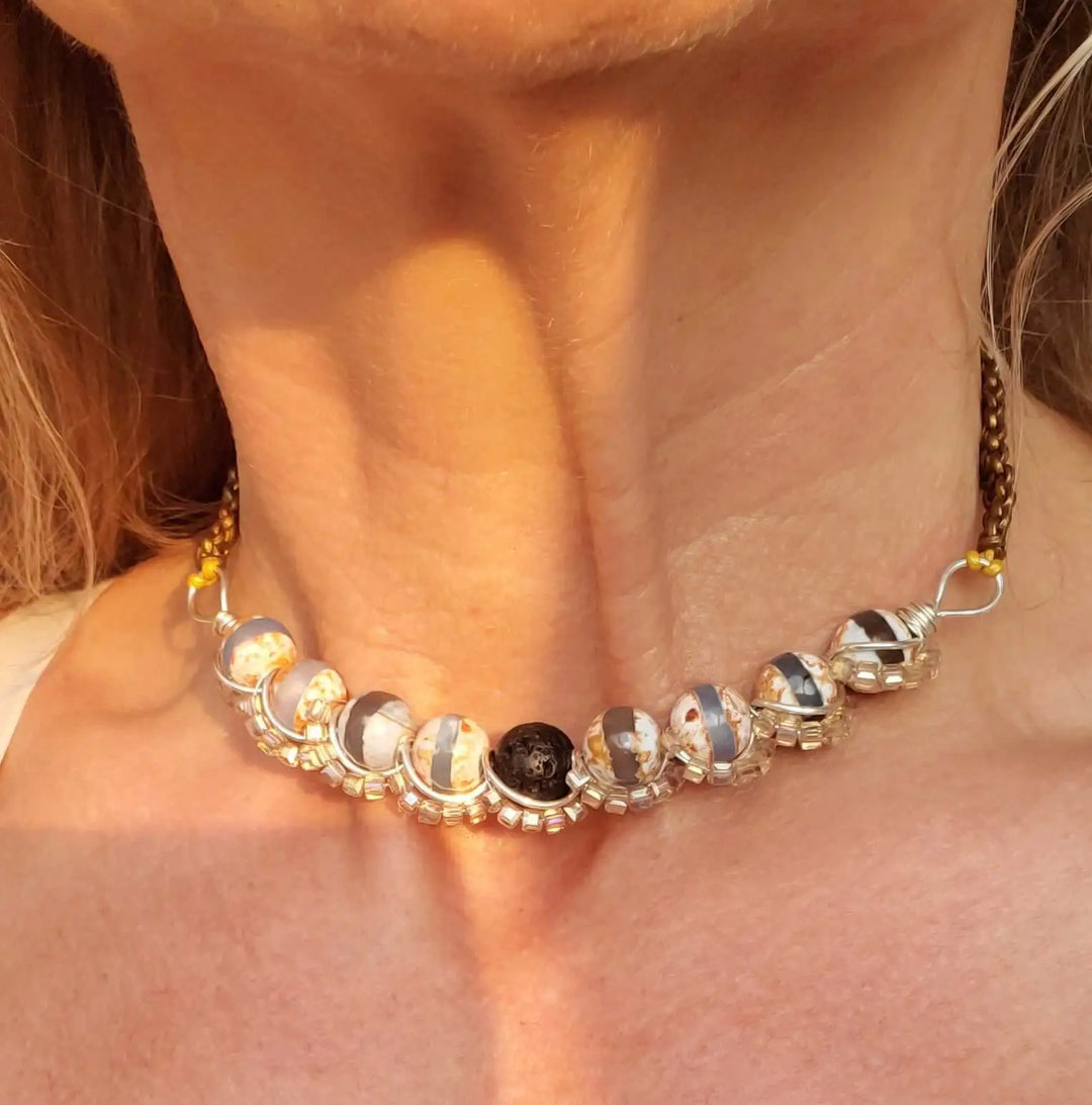 AMD1327Silver Spiral Twist Wrap Gemstone Lava Rock Macrame BlingNecklacesChoker$ 123.00Alexa Martha Designs