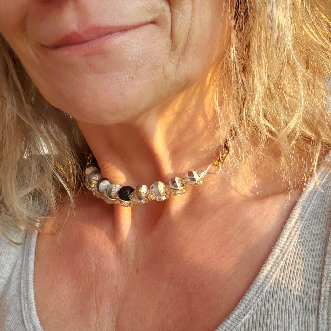 AMD1327Silver Spiral Twist Wrap Gemstone Lava Rock Macrame BlingNecklacesChoker$ 123.00Alexa Martha Designs