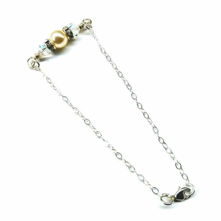 Silver Swarovski Crystal Pearl Bar Bridal Bracelet showcasing a pearl and crystals on a silver chain.