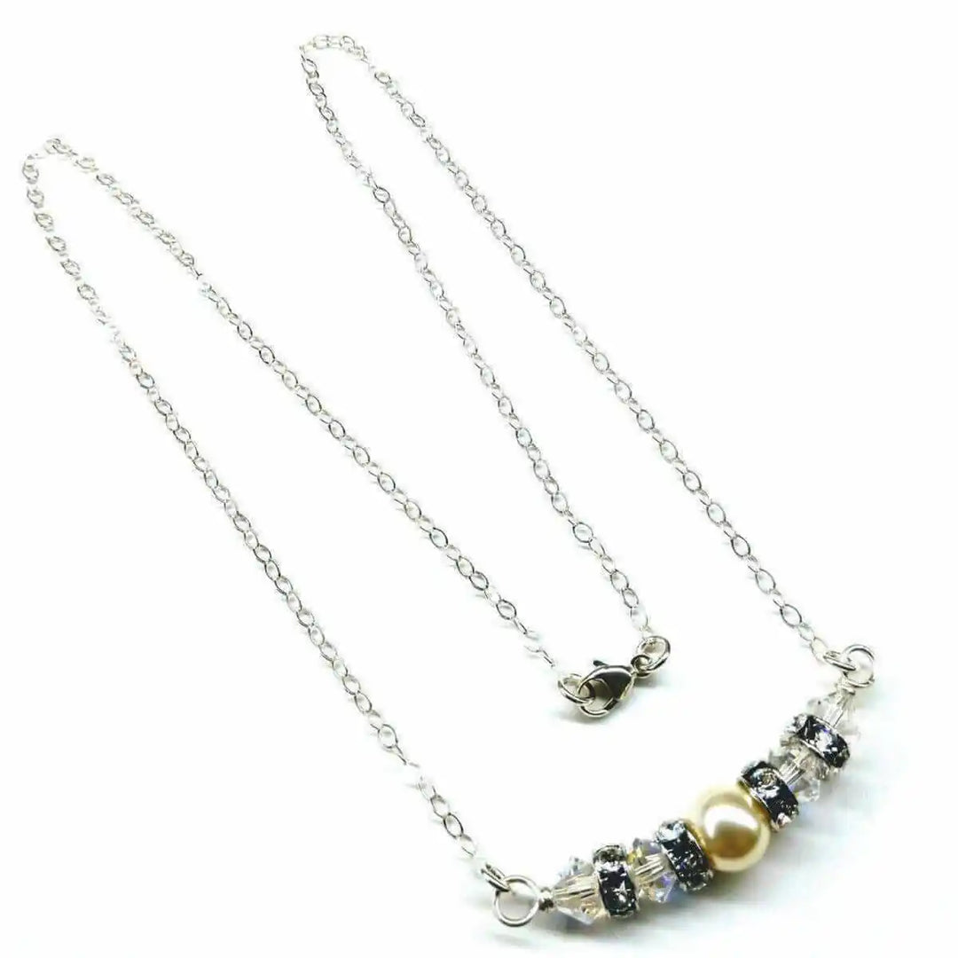 Silver Swarovski Crystal Pearl Bar Bridal Necklace featuring elegant pearls and crystals on a delicate silver chain.