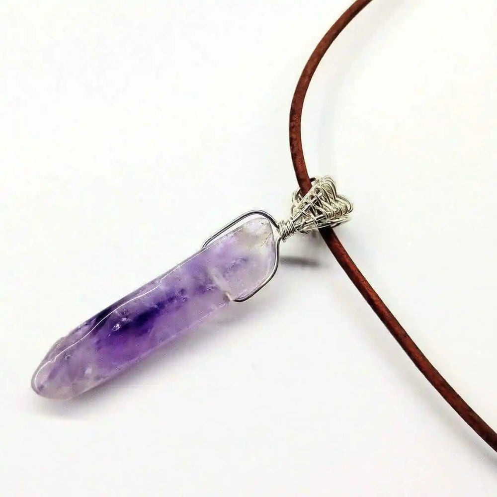 Silver Wrapped Light Amethyst Point Gemstone Necklace featuring a light purple amethyst crystal pendant.