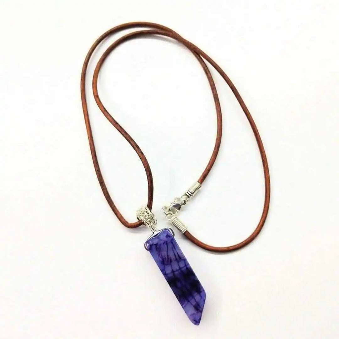 Silver Wrapped Purple Dyed Crackle Agate Point Necklace on a leather cord with a silver clasp.
