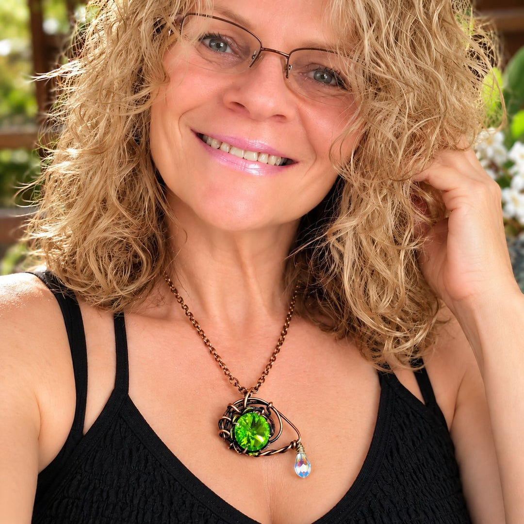 Wire Sculpted Green Eye Crystal Teardrop Necklace
