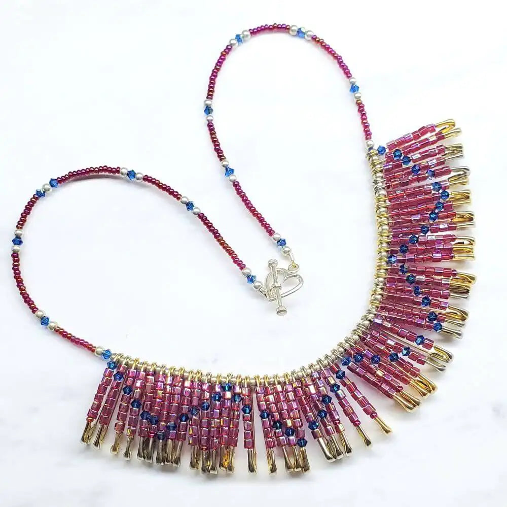 Handmade beaded Swarovski crystal zig zag bib choker necklace featuring pink and blue beads.