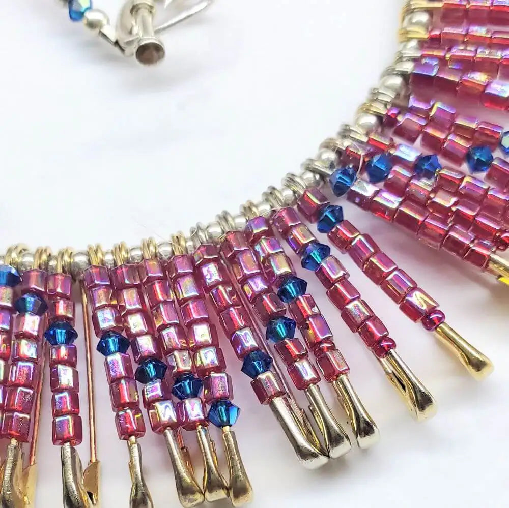 Handmade beaded Swarovski crystal zig zag bib choker necklace showcasing intricate beadwork with vibrant colors.
