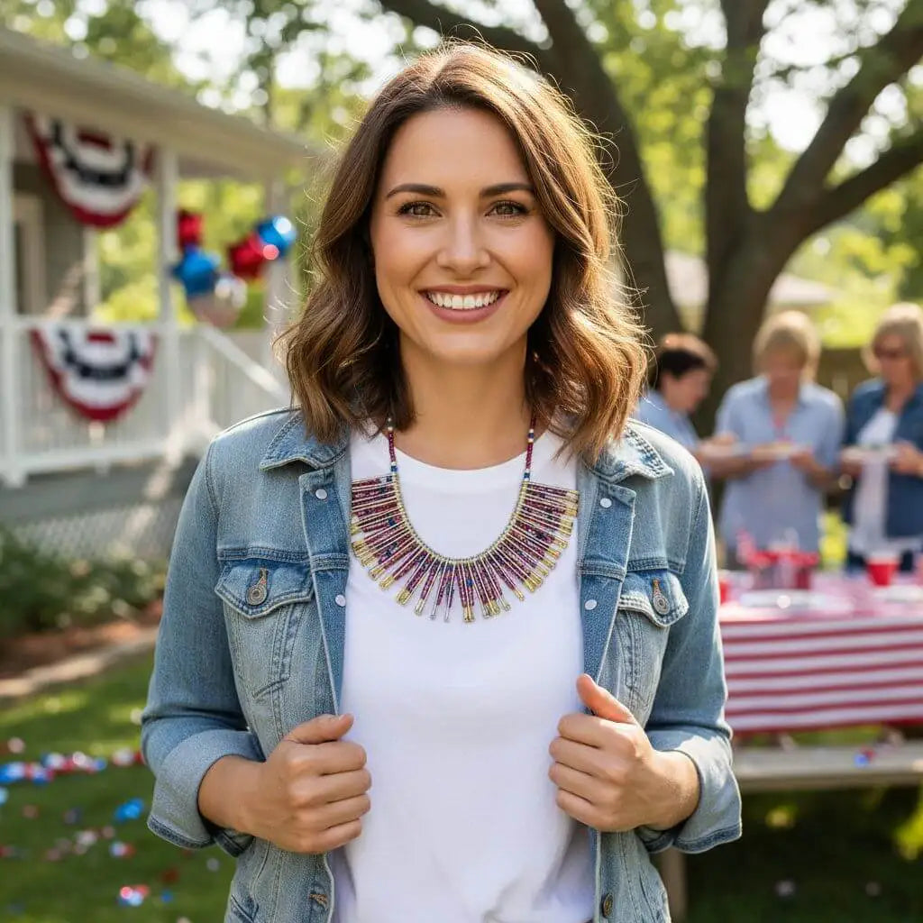 Handmade Beaded Swarovski Crystal Zig Zag Bib Choker Necklace worn by a woman in a casual outdoor setting.