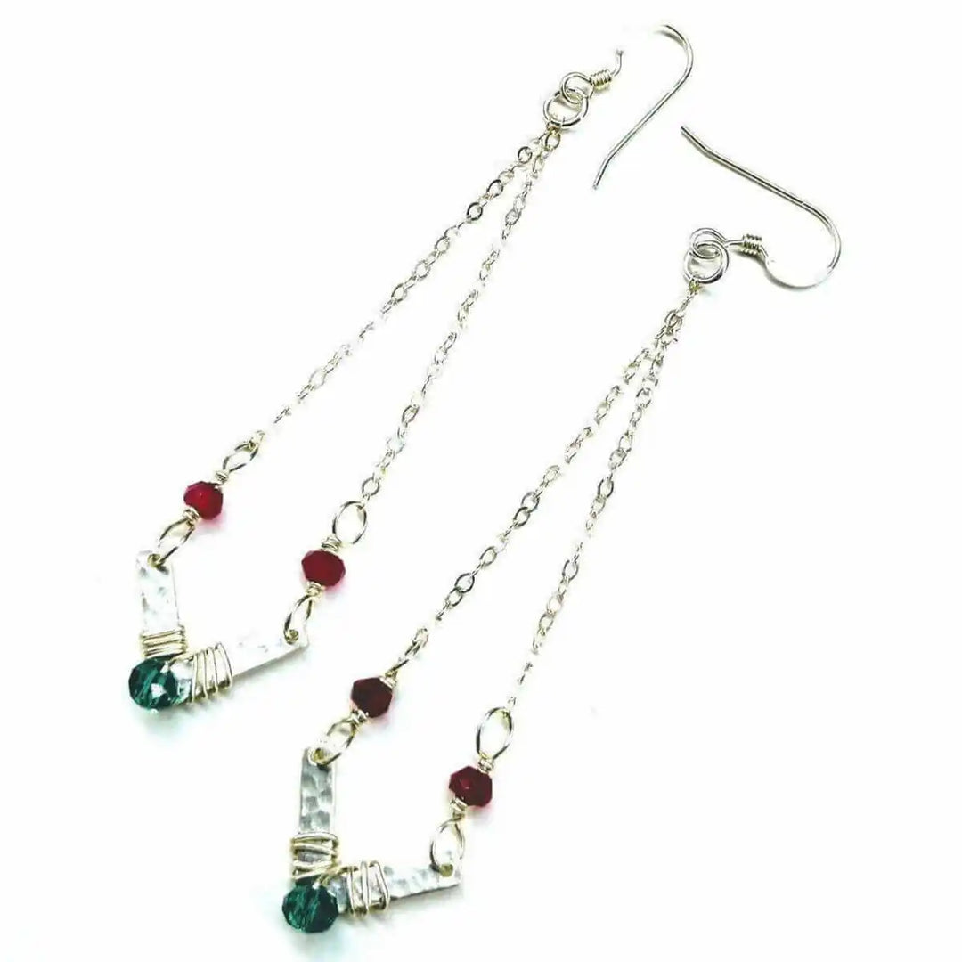 Sterling Silver Chevron Hot Pink Green Gemstone Earrings showcasing chevron design with colorful gemstones and elegant chain.