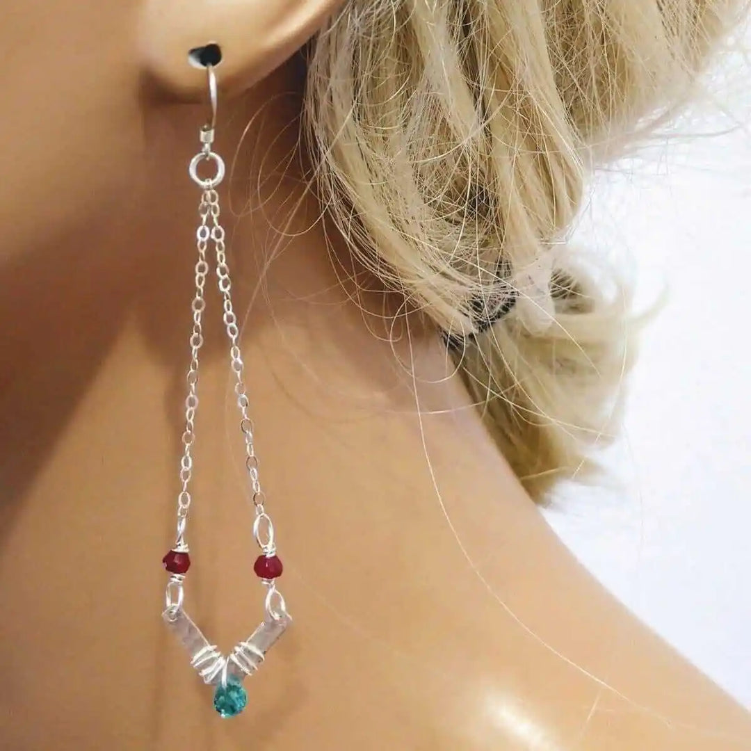 Sterling Silver Chevron Hot Pink Green Gemstone Earrings featuring vibrant gemstones and geometric design.