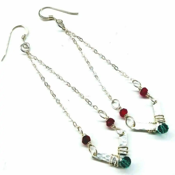 Sterling Silver Chevron Hot Pink Green Gemstone Earrings with a vibrant geometric design and sparkling gemstones.