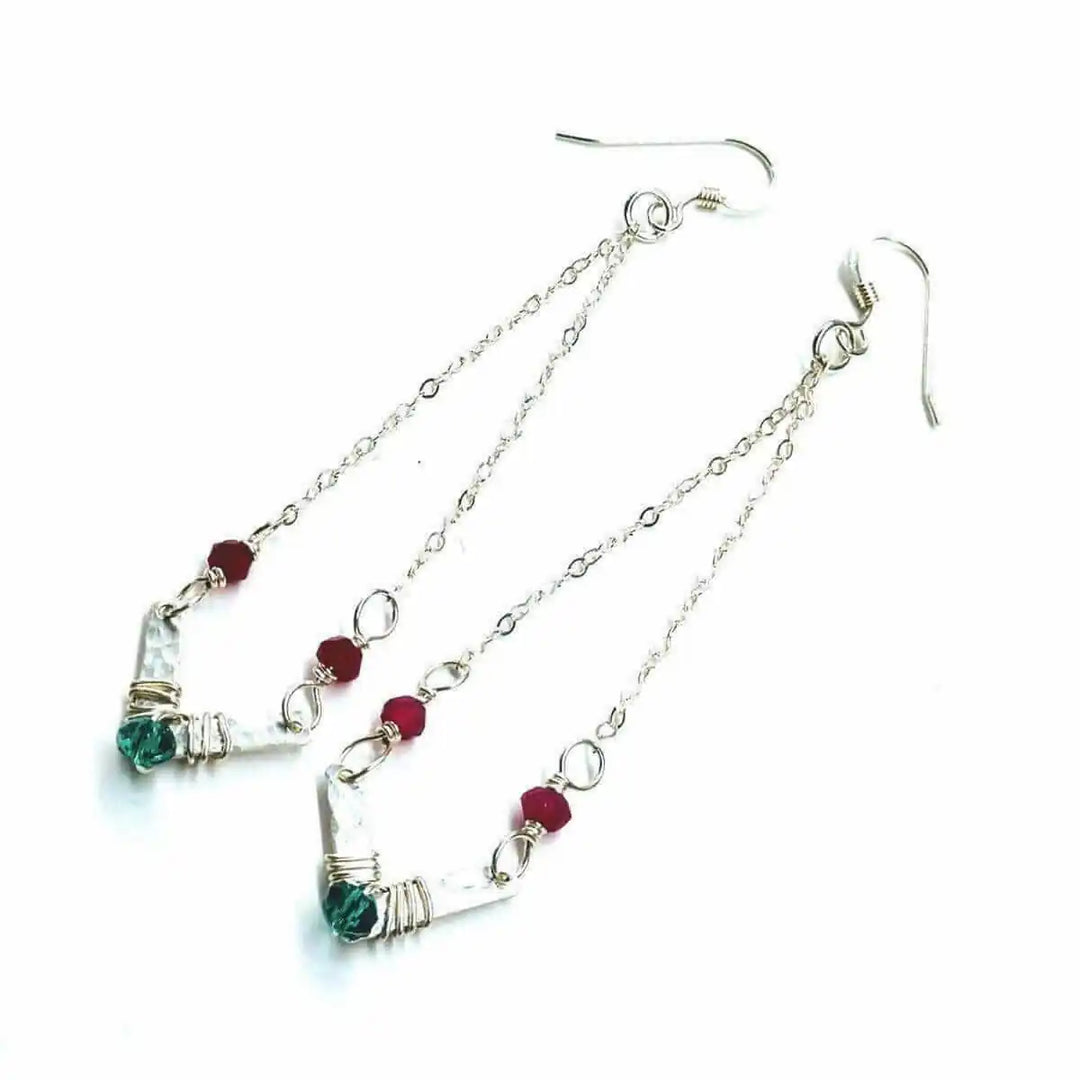 Sterling Silver Chevron Hot Pink Green Gemstone Earrings showcasing vibrant colors and geometric design.