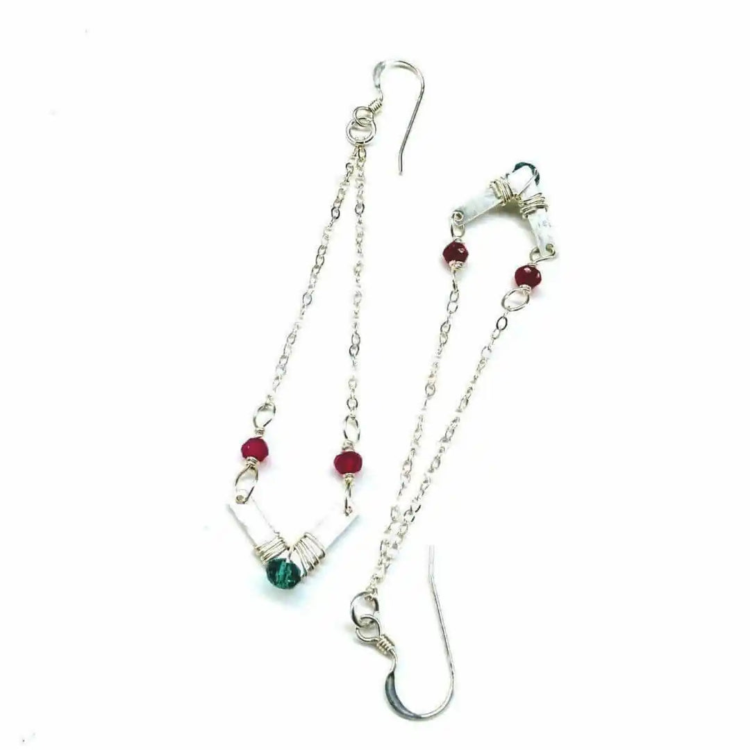 Sterling Silver Chevron Hot Pink Green Gemstone Earrings with bright gemstones and unique chevron design.
