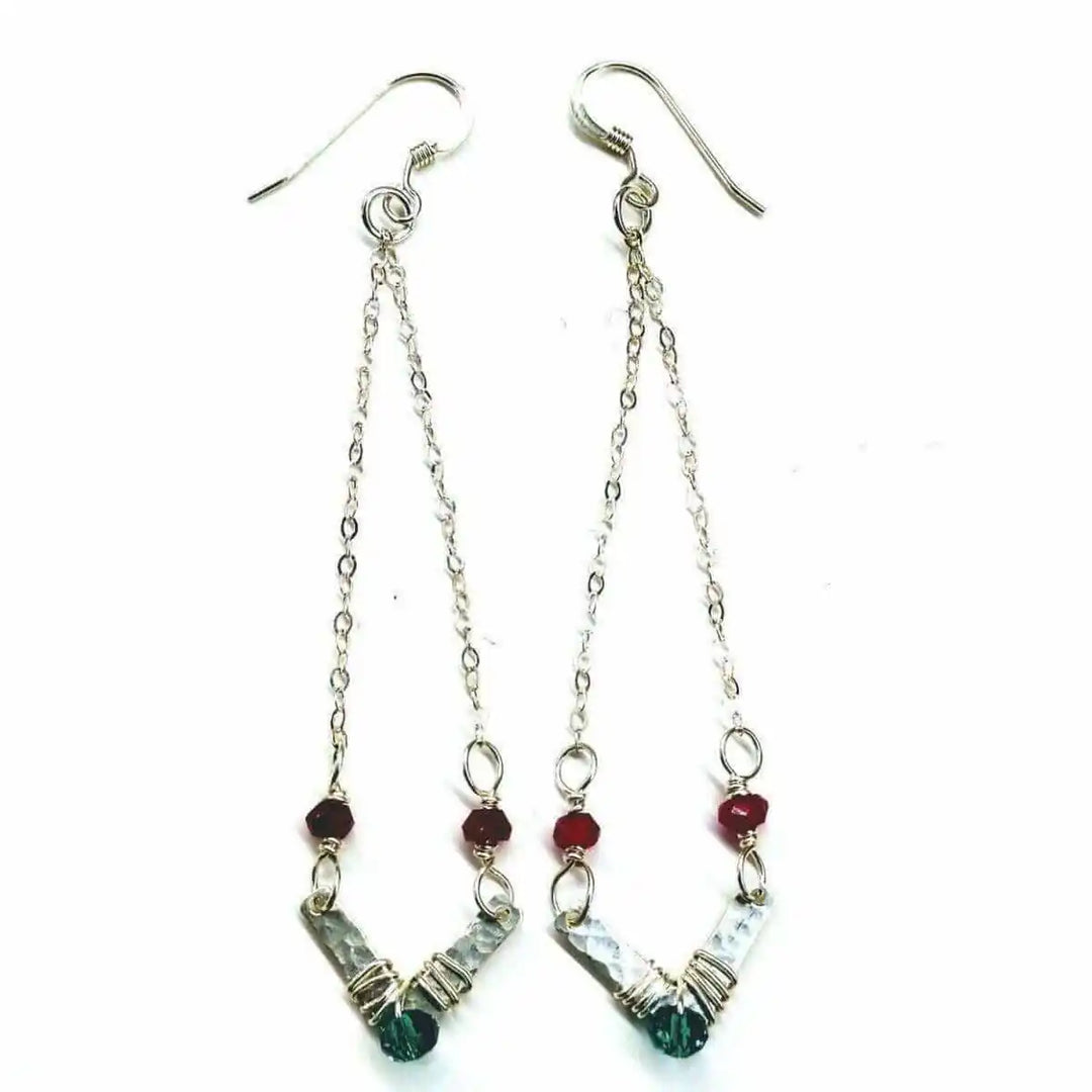 Sterling Silver Chevron Hot Pink Green Gemstone Earrings with geometric design and vibrant gemstones.