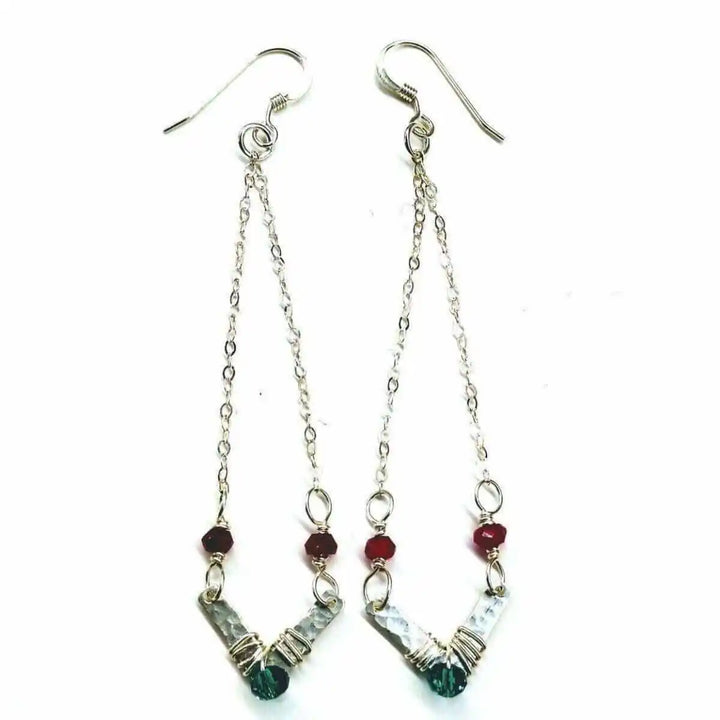 Sterling Silver Chevron Hot Pink Green Gemstone Earrings with geometric design and vibrant gemstones.