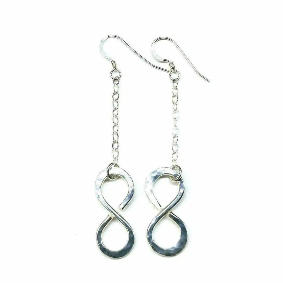 Sterling Silver Hammer Patterned Infinity Earrings showcasing a hand-forged infinity symbol with a hammer textured finish.