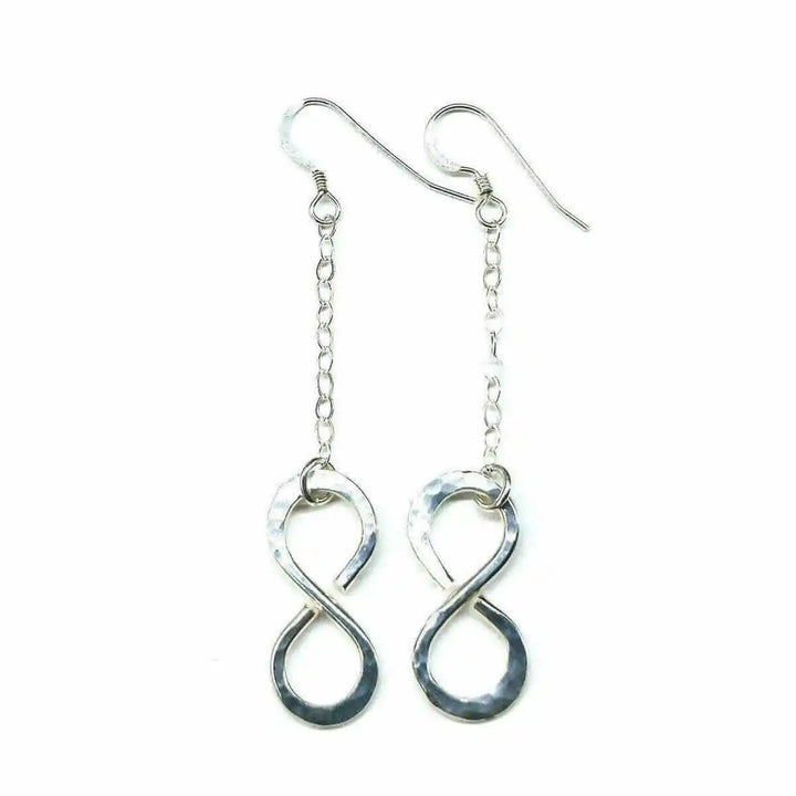 Sterling Silver Hammer Patterned Infinity Earrings showcasing a hand-forged infinity symbol with a hammer textured finish.