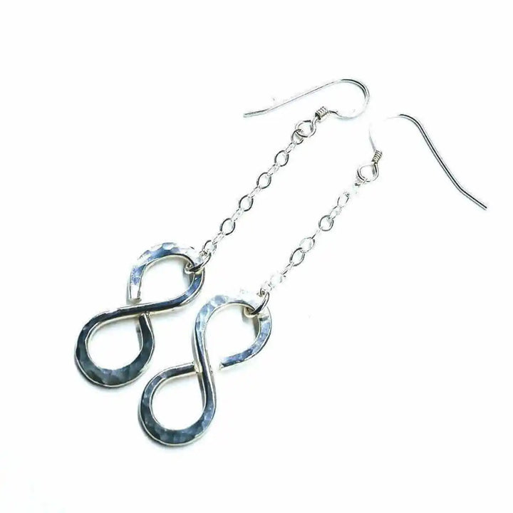 Sterling Silver Hammer Patterned Infinity Earrings showcasing a hand-forged infinity design on elegant silver hooks.