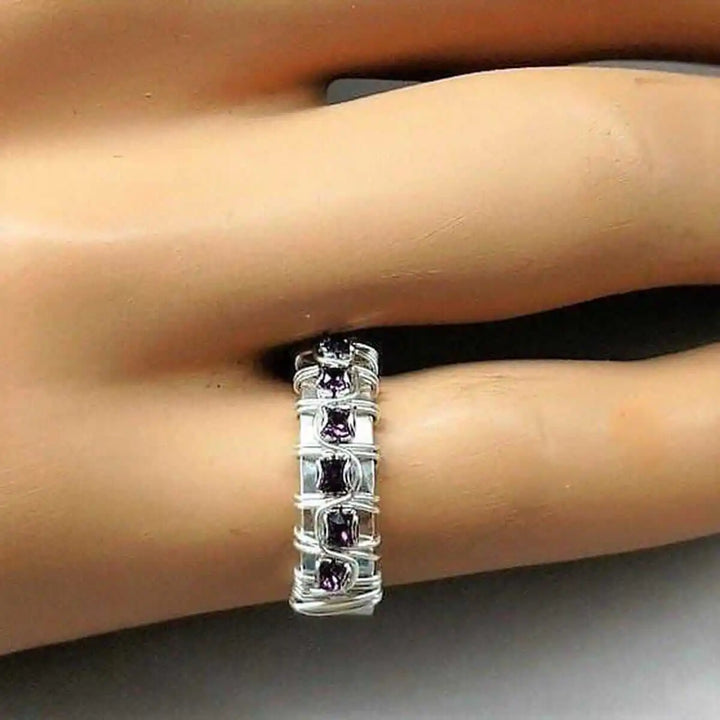 Sterling Silver Hammered Amethyst Rhinestone Bling Ring showcased on a model&