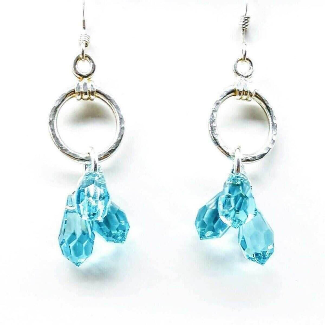 Sterling Silver Hammered Aqua Crystal Cascading Drop Earrings
