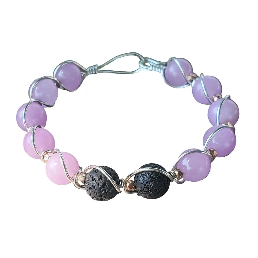 Silver Spiral Twist Wrap Purple Lava Rock Bangle Bracelet featuring maui lava rock and purple stones.