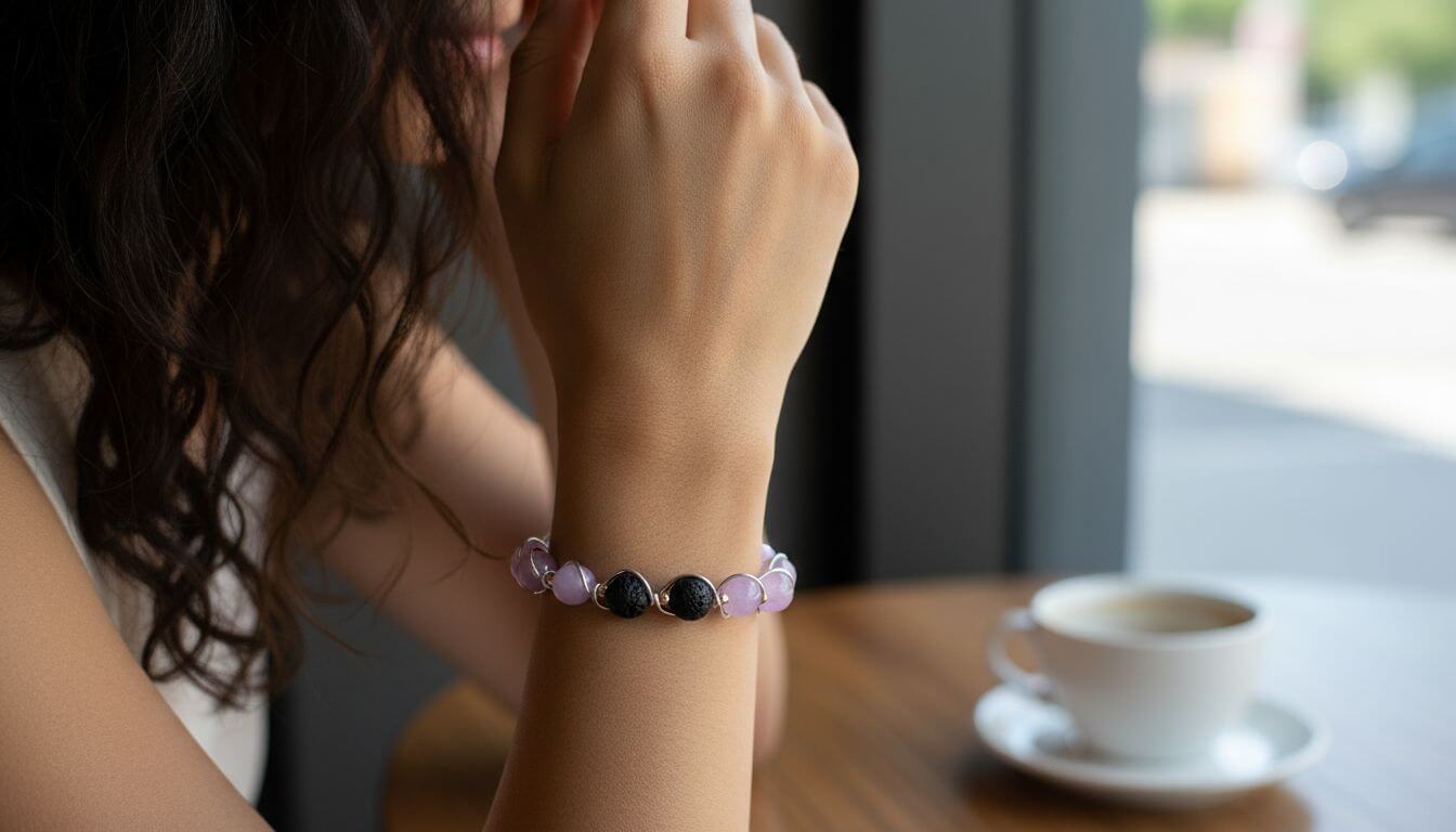 Silver Spiral Twist Wrap Purple Lava Rock Bangle Bracelet on woman's wrist with coffee in background