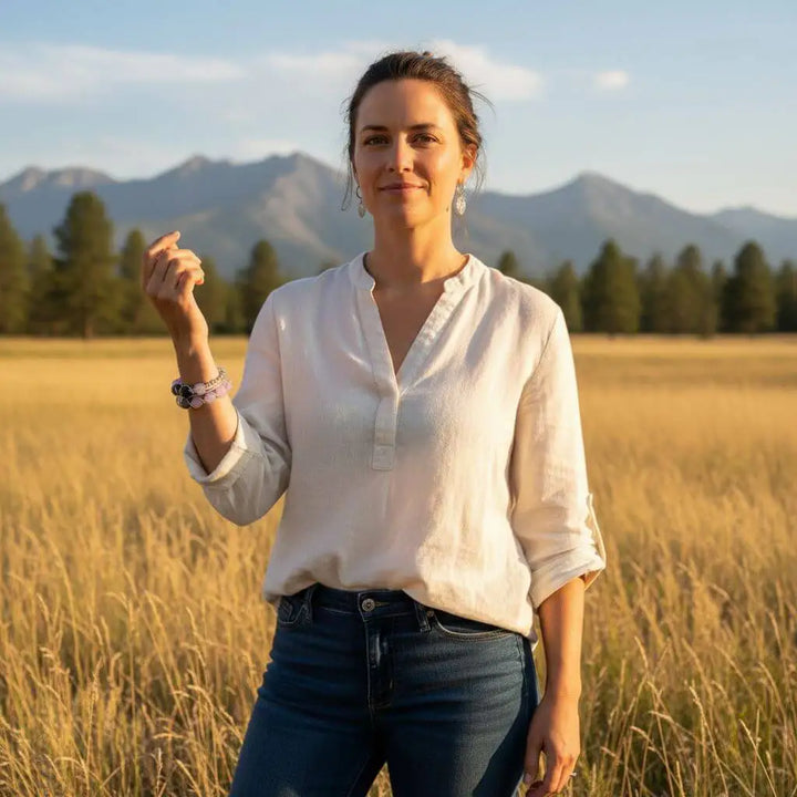 Woman in a field wearing a Silver Spiral Twist Wrap Purple Lava Rock Bangle Bracelet with mountains in the background.