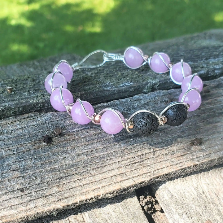 Silver Spiral Twist Wrap Purple Lava Rock Bangle Bracelet with lavender and black beads