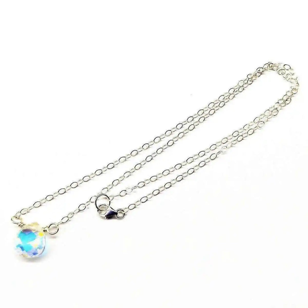 Sterling Silver Wire Wrapped Crystal Briolette Drop Necklace with 11mm Swarovski Crystal AB pendant.