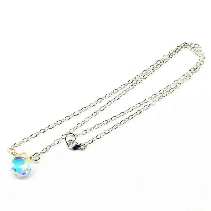 Sterling Silver Wire Wrapped Crystal Briolette Drop Necklace with 11mm Swarovski Crystal AB pendant.