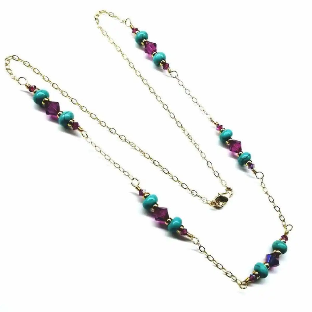 Wire Wrapped Gold Filled Pink Turquoise Gemstone Necklace with turquoise heishi beads and fuchsia Swarovski crystals.