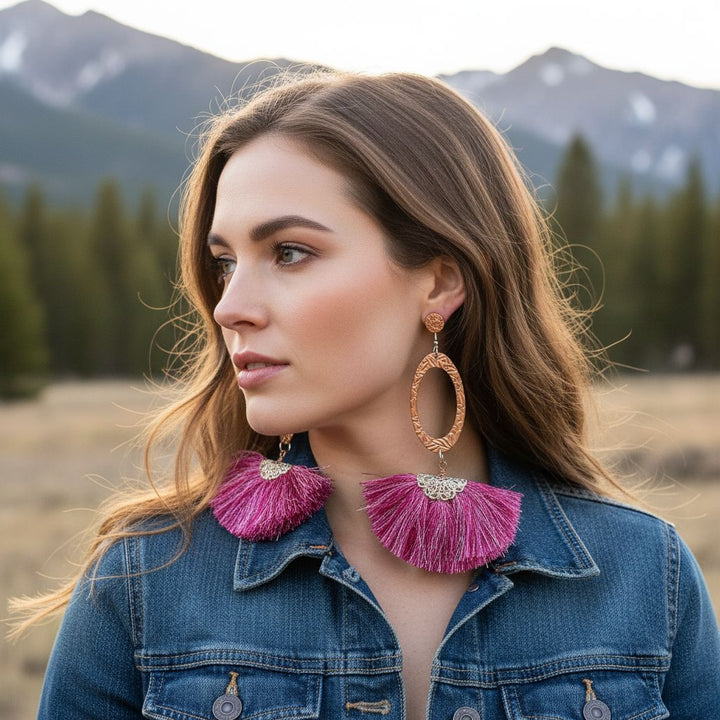 AMD1292-ALong Copper Embossed Pink and Purple Silk Tassel EarringsJewelryEarrings$ 57.00Alexa Martha Designs