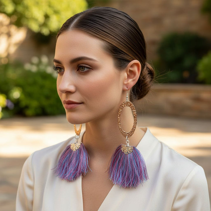 AMD1292-ALong Copper Embossed Pink and Purple Silk Tassel EarringsJewelryEarrings$ 57.00Alexa Martha Designs